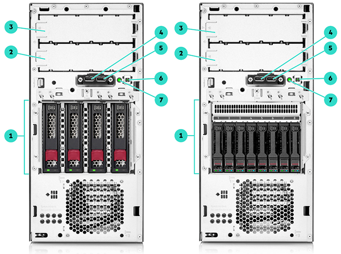 HPE ProLiant ML30 Gen10 Plus- Front View (details for 4 LFF and 8 SFF)