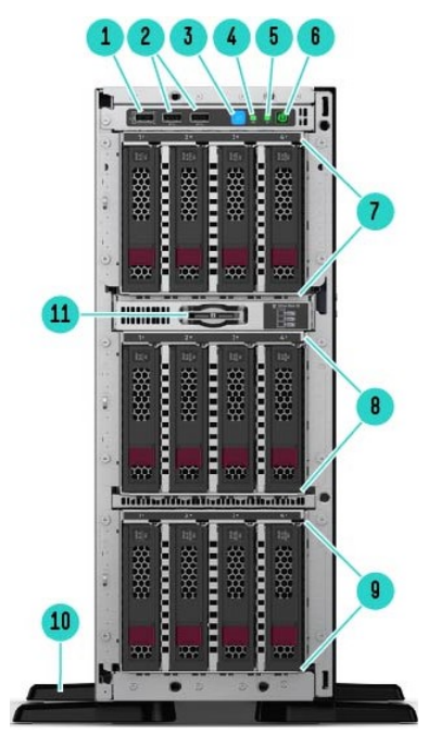 Front View – LFF chassis with optional Gen10 4LFF HDD Cage Kits shown (Tower mode)